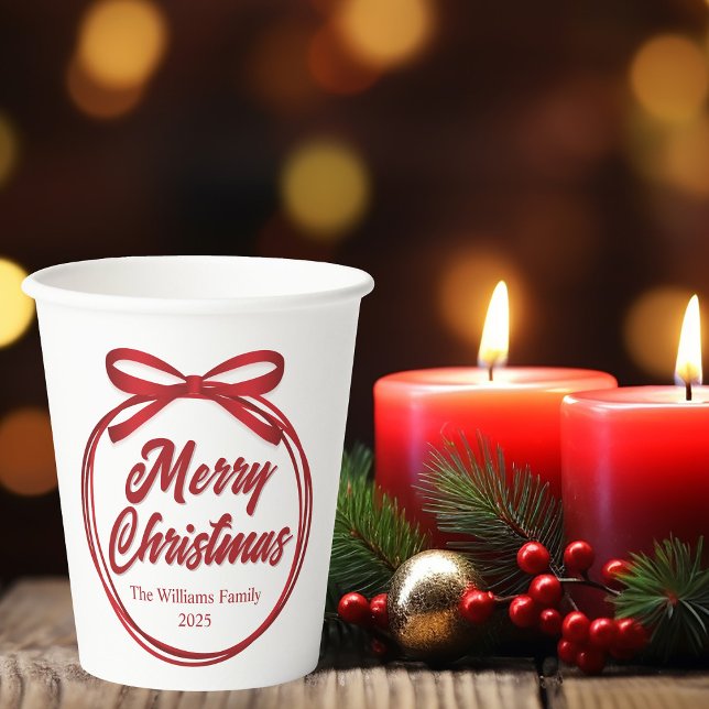 Chic Merry Christmas Script Red Ribbon Bow Party Paper Cups (Creator Uploaded)