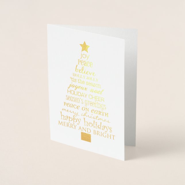 Chic Merry Christmas Tree Words Foil Card (Front)