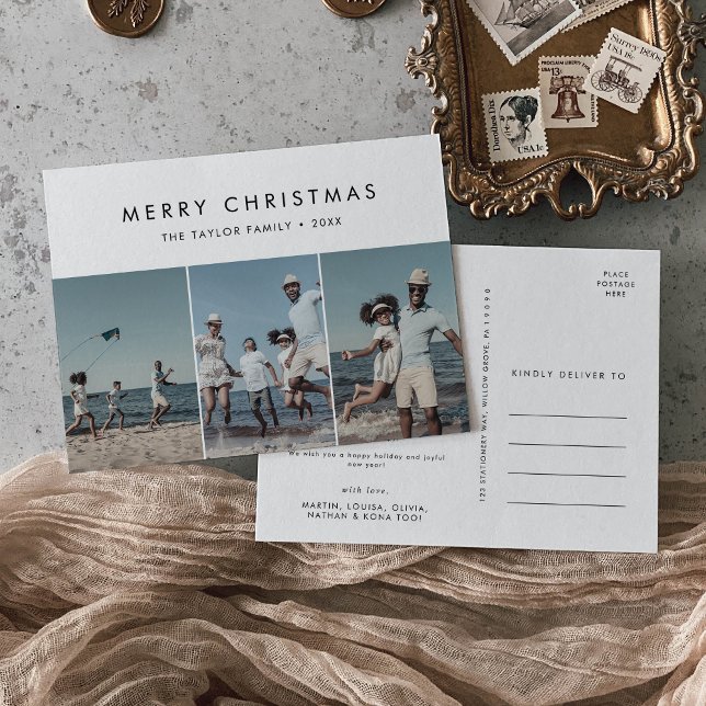 Chic Merry Christmas Year In Review 3 Photo Holiday Postcard (Creator Uploaded)