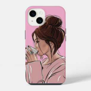 Chic Messy Bun Girl Drinking Coffee Pastel Pink iPhone 14 Case