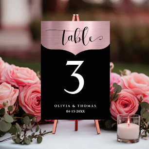 Chic Metallic Rose Gold Black Script Wedding Table Number
