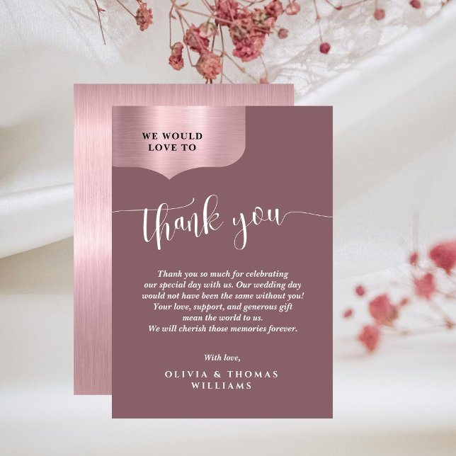 Chic Metallic Rose Gold Script Wedding Thank You Card (Creator Uploaded)