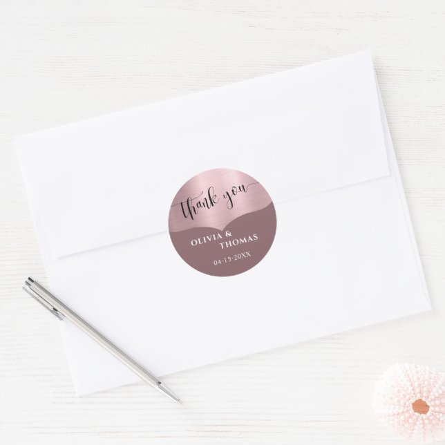Chic Metallic Rose Gold Script Wedding Thank You Classic Round Sticker (Envelope)