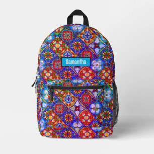 Chic Mexican talavera blue purple tiles monogram Printed Backpack
