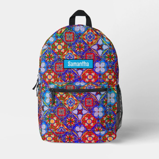 Chic Mexican talavera blue purple tiles monogram Printed Backpack (Front)