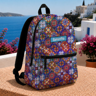 Chic Mexican talavera blue purple tiles monogram Printed Backpack