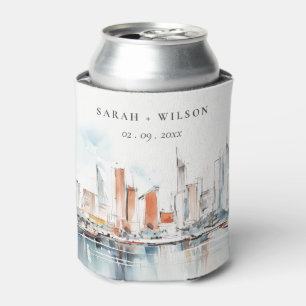 Chic Miami Florida Skyline Watercolor Wedding Can Cooler