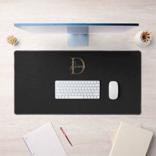 Chic Midnight Black Mossy Gold Script Monogram Desk Mat