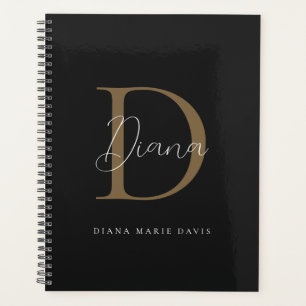 Chic Midnight Black Mossy Gold Script Monogram  Planner