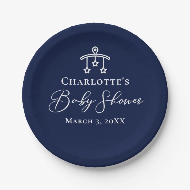 Chic Midnight Blue Baby Shower Personalised Party Paper Plate (Front)