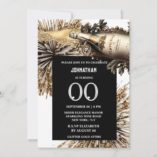 Chic milestone birthday sparkling wine fireworks invitation (Front)