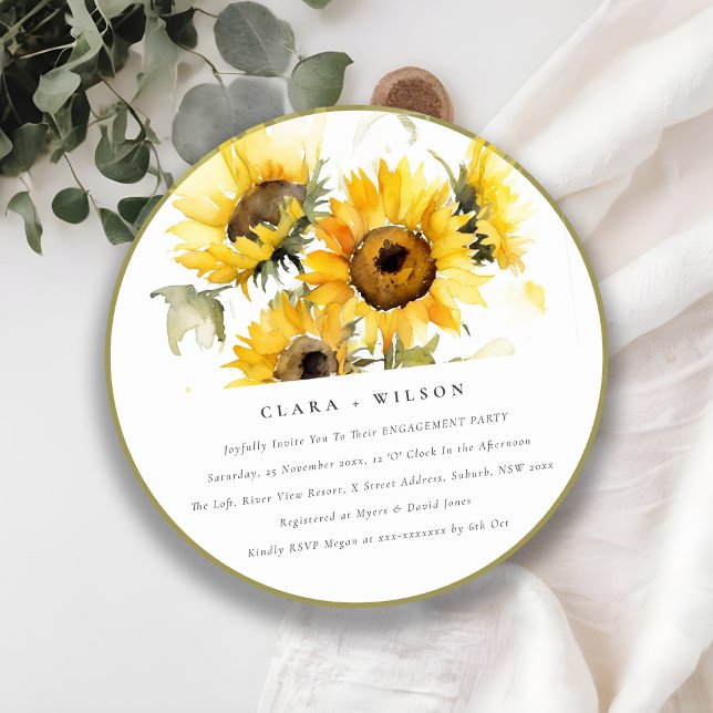 Chic Minimal Boho Watercolor Sunflower Engagement Invitation (Creator Uploaded)