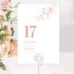 Chic, Minimal Botanical Blush Pink Peach Wedding  Table Number<br><div class="desc">Guide your guests to their table with this elegant wedding table number card. Stylish and simple design with names to the side along with the "and" in modern handwritten calligraphy. Delicate hand-drawn botanical greenery corner detail in blush pink and peach hues. Please place an individual order for "each" table number...</div>