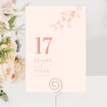 Chic, Minimal Botanical Peach Wedding  Table Number<br><div class="desc">Guide your guests to their table with this elegant peach wedding table number card. Stylish and simple design with names to the side along with the "and" in modern handwritten calligraphy. Delicate hand-drawn botanical greenery corner detail in blush pink and peach hues. Please place an individual order for "each" table...</div>