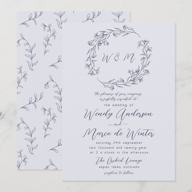 Chic Minimal Chromatic Grey Boho Botanical Wedding Invitation (Front/Back)