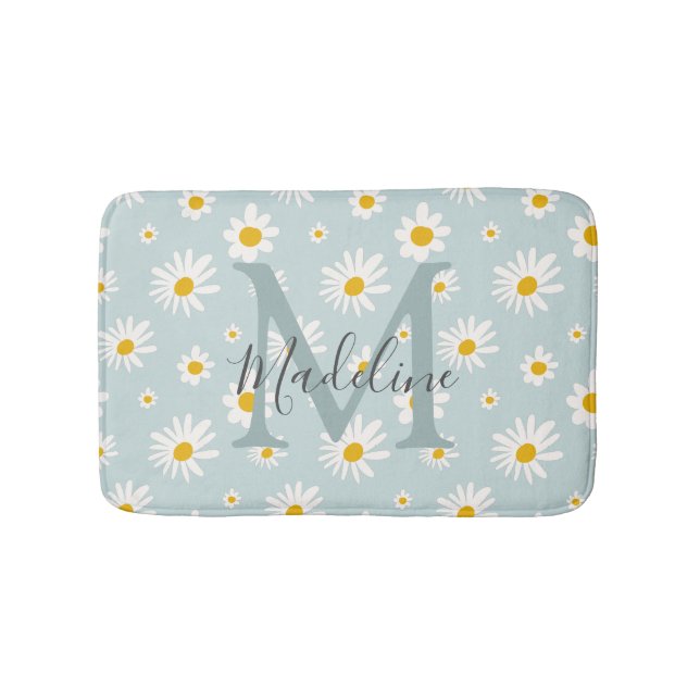 Chic Minimal Daisy Teal Script Monogram Bath Mat (Front)