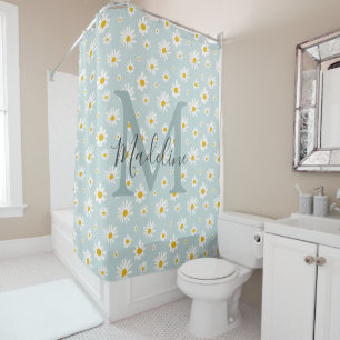 Chic Minimal Daisy Teal Script Monogram Shower Curtain