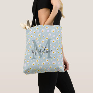 Chic Minimal Daisy Teal Script Monogram Tote Bag