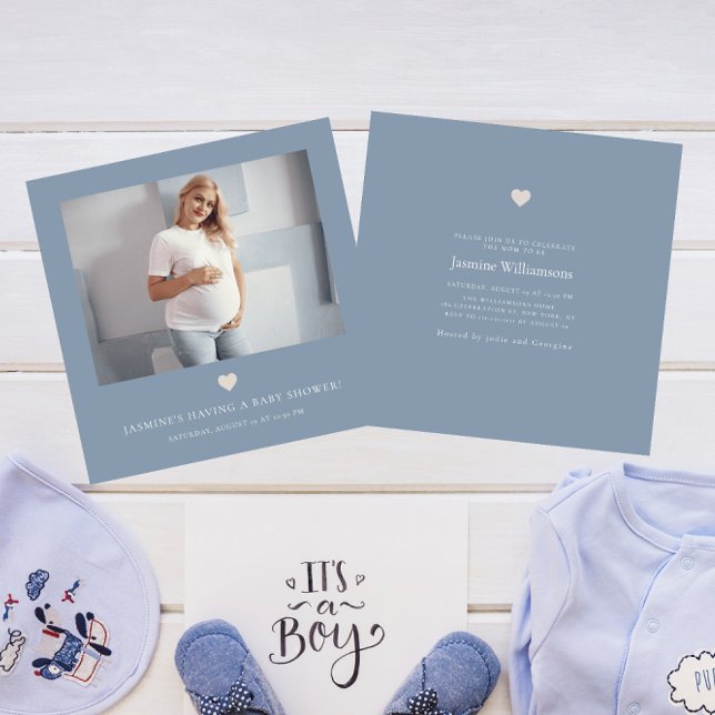 Chic minimal dusky blue photo baby shower  invitation (Creator Uploaded)