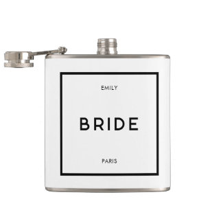 Chic Minimal French Black & White Bride Name Hip Flask