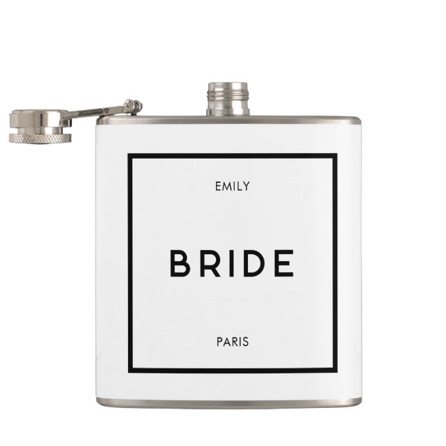Chic Minimal French Black & White Bride Name Hip Flask (Opened)