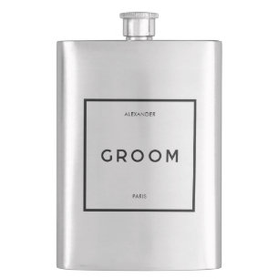 Chic Minimal French Black & White Groom Name Hip Flask