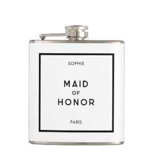Chic Minimal French Black & White Maid Of Honour Hip Flask