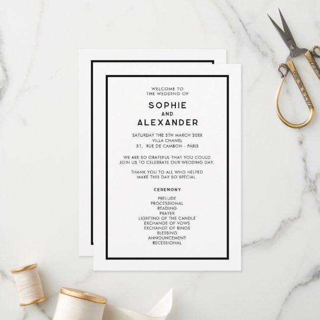Chic Minimal French Black & White Wedding Programme (Front/Back In Situ)