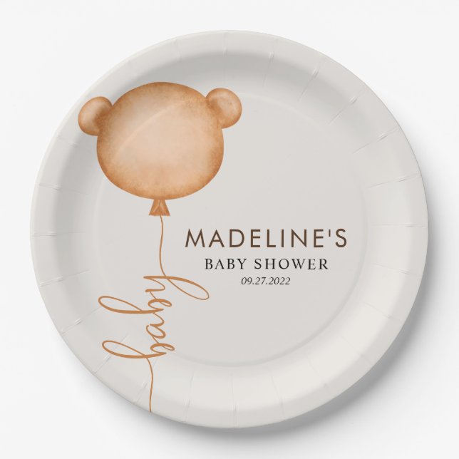 Chic Minimalist Bear Balloon Baby Shower Paper Plate (Front)