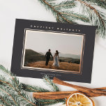 Chic Minimalist Elegance Dark Grey Christmas Photo<br><div class="desc">This elegant holiday photo card features one horizontal photo, classic raised foil frame around the photo, and a greeting in raised foil over a dark grey background. The greeting on the front is editable so it's easily changed to anything you like. The back of the card is the same dark...</div>