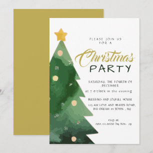 Chic Minimalist Gold Script Christmas Tree Holiday Invitation