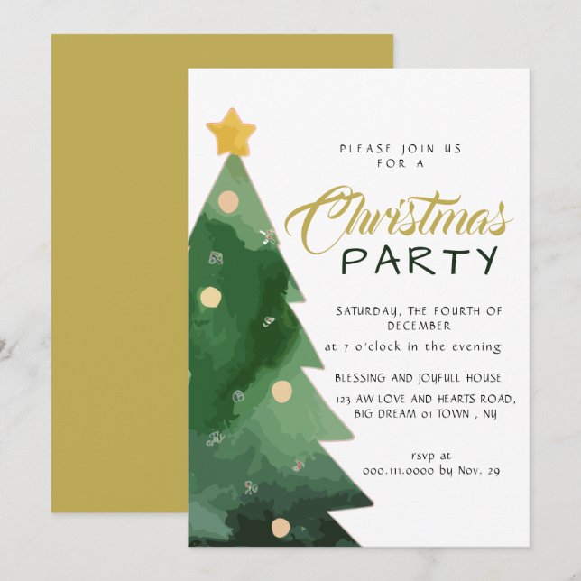 Chic Minimalist Gold Script Christmas Tree Holiday Invitation (Front/Back)