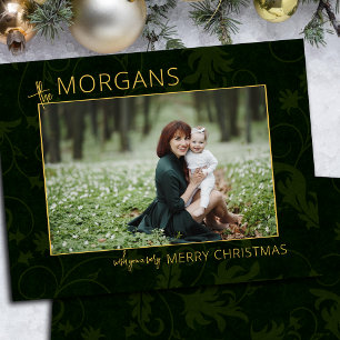 Chic Minimalist Green Damask Christmas Photo Holiday Card