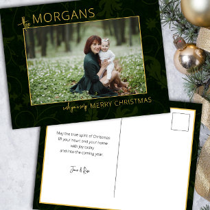 Chic Minimalist Green Damask Christmas Photo Holiday Postcard