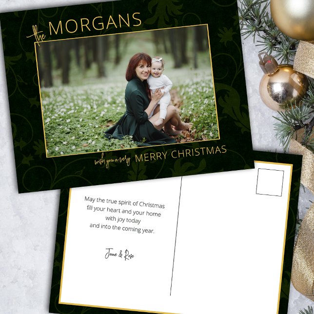 Chic Minimalist Green Damask Christmas Photo Holiday Postcard (Creator Uploaded)