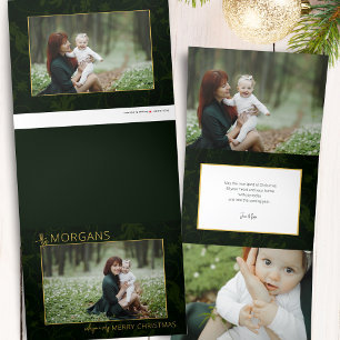 Chic Minimalist Green Damask Christmas Photo Tri-Fold Holiday Card