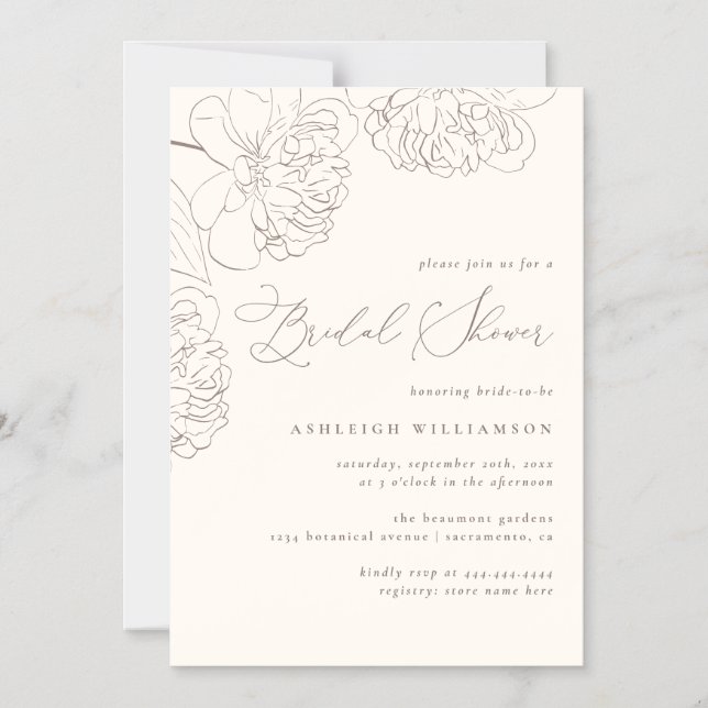 Chic Minimalist Hand-drawn Peonies Bridal Shower Magnetic Invitation (Front)