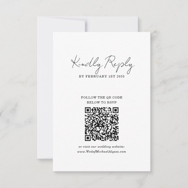 Chic Minimalist Handwriting Script Wedding QR Code RSVP Card (Front)