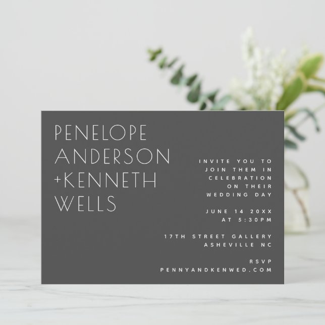 Chic Minimalist Modern Wedding Black Horizontal Invitation (Standing Front)