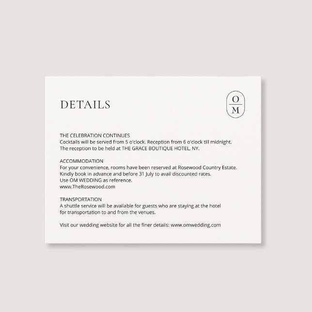 Chic Minimalist Monogram Wedding Details Enclosure Card (Creator Uploaded)