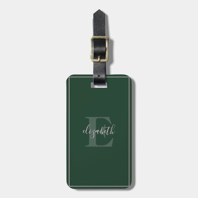 Chic Minimalist Monogrammed Green Luggage Tag (Front Vertical)