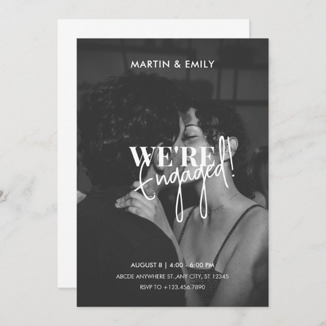 Chic minimalist photo black and white Engagement Invitation (Front/Back)
