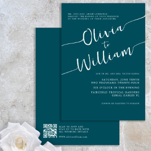 Chic Minimalist QR Code Teal Wedding Invitation