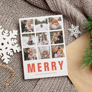 Chic Minimalist Red Orange Merry Photo Collage Holiday Card