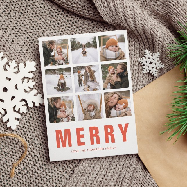 Chic Minimalist Red Orange Merry Photo Collage Holiday Card (Creator Uploaded)