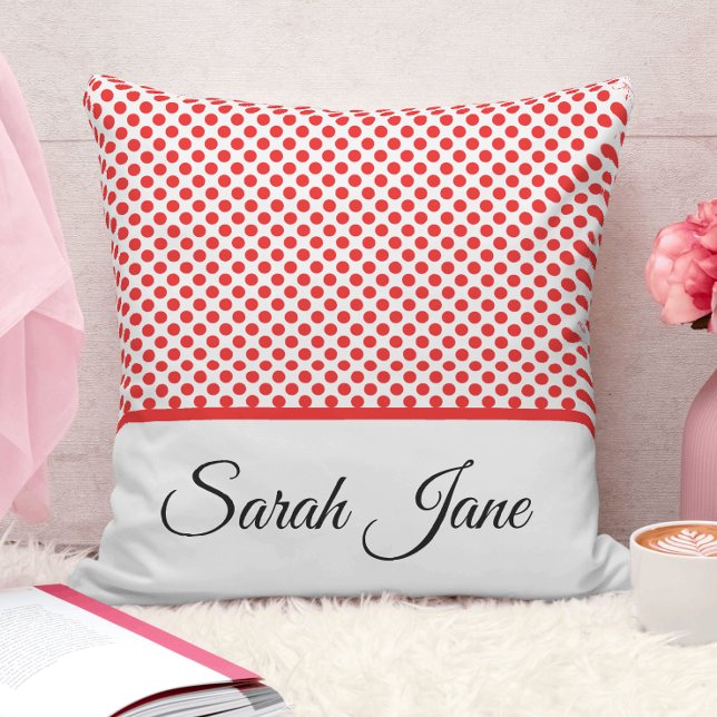 Chic Minimalist Red & White Polka Dots Custom Name Cushion (Creator Uploaded)