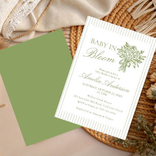 Chic Minimalist Stripe Green Floral baby shower Invitation