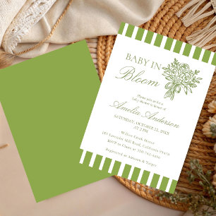 Chic Minimalist Stripe Green Floral baby shower Invitation