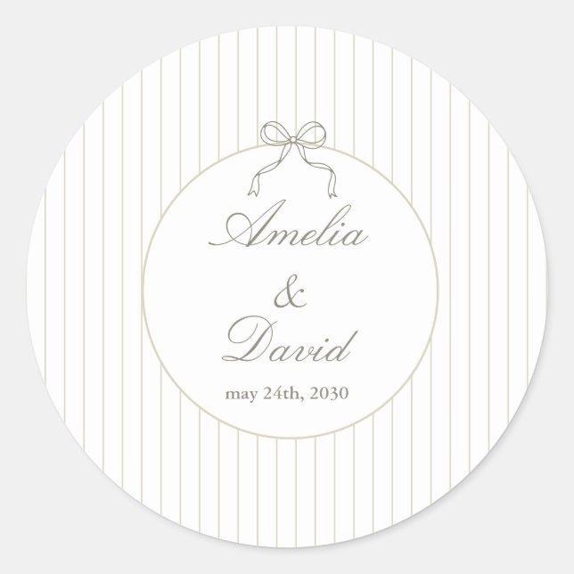 Chic Minimalist Stripe Green Wedding  Classic Round Sticker (Front)