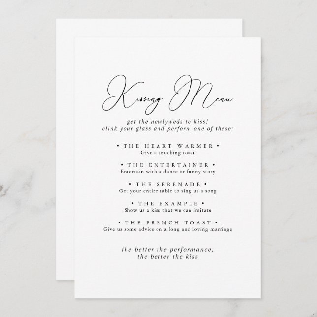 Chic Minimalist Wedding Kissing Menu Game Card (Front/Back)